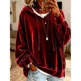 Annuo  Fall Winter New Velvet Hoodie Loose Long Sleeve Top (Option: Red-3XL)