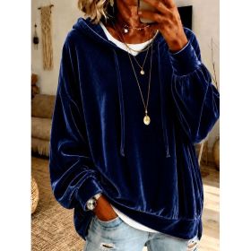 Annuo  Fall Winter New Velvet Hoodie Loose Long Sleeve Top (Option: Navy Blue-3XL)