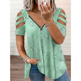 Self-pick-up Plus Size Women'S Casual Heart Print Zipper Short Sleeve Off Shoulder T-Shirt Only Self-pickup Is Supported (Option: Green-4XL)