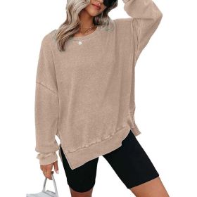 Womens Waffle Knit Crewneck Sweatshirts Long Sleeve Side Slits Casual Pullover Sweatshirt Tops (Option: Khaki-XL)
