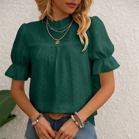 Women's Elegant Ruffle Detail Blouse Short Sleeve Round Neck Top (Option: Dark Green-S)