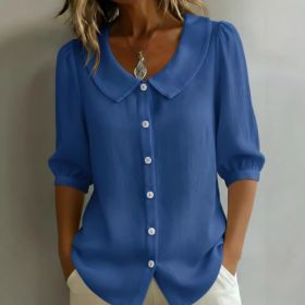 Collared Short-sleeve Blouse Fashion Casual Versatile Loose Shirt Women's Clothing (Option: Sapphire Blue-S)