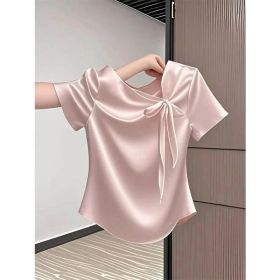 Fashionable And Versatile French Bow Short-sleeve T-shirt (Option: Pink-M)