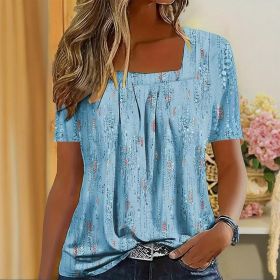 Women's Casual Square Neck Glitter T-Shirt - Sparkling Short Sleeve Top With Printed Design, Vibrant Spring&Summer Fashion Tee (Option: Blue-M)