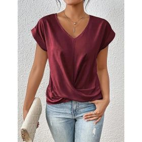 Women's Comfy Casual Summer Tops Short Sleeve V Neck Blouses T Shirts Twist Knot Basic Tees (Option: Wine Red-S)