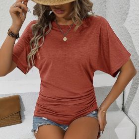 Women's Slim-Fit Ruched Short Sleeve T-Shirt Crewneck Casual Fitted Top (Option: Dark Red-S)