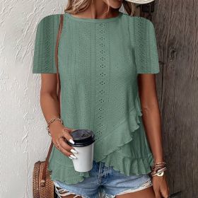 Women's Ruffle Hem Short Sleeve T-Shirt Casual Summer Crew Neck Blouses Top (Option: Green-XL)