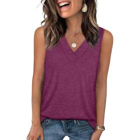 Women's Solid Color V-Neck Sleeveless Tank Tops Loose Fit Casual Tees Basic Tops (Option: Purple-XL)