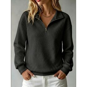 Loose-fit Waffle-knit Stand-collar Zip-up Long-sleeve Womens Sweatshirt (Option: Black-XS)