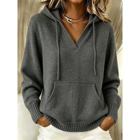Kangaroo Pocket Knitted Hooded Drawstring Sweatshirt (Option: Dark gray-S)