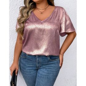 Loose-fit V-neck Solid-color Short-sleeve Top (Option: Pink-XL)