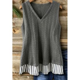 Charcoal Gray Cable Knit Striped Hem V-Neck Tank Top (Option: Charcoal Gray-2XL)