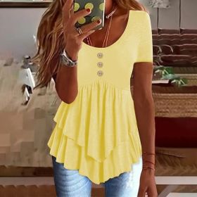 Women's Solid Color Button Front Tunic Top Casual Loose Fit Crew Neck Summer Blouse T-Shirt (Option: Yellow-M)