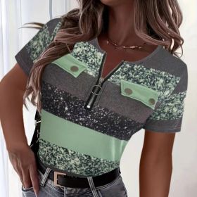 Women's Color Block Zipper T-Shirt, Casual Short Sleeve Summer Top (Option: Gray Green-2XL)