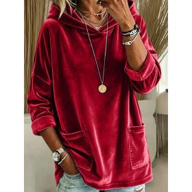 2026 New European & American Casual Solid Color Fleece Hoodie, Women Loose Long Sleeve Pullover Sweatshirt (Option: Hongse-S)