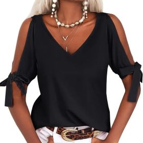 Womens Summer Cold Shoulder Tops Short Sleeve Tie Knot V Neck T Shirts Blouses (Option: Black-2XL)