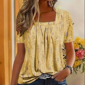 Women's Casual Square Neck Glitter T-Shirt - Sparkling Short Sleeve Top With Printed Design, Vibrant Spring&Summer Fashion Tee (Option: Yellow-M)