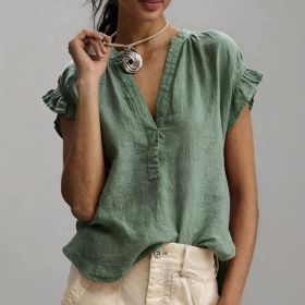 Women's Casual V-Neck Short-Sleeve Solid Color Cotton-Linen Top (Option: Dark Green-S)