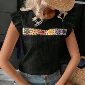 Women's Ruffle Short Sleeve Summer Tops Cute Crew Neck Floral Crochet Blouses Shirts (Option: Black-XL)