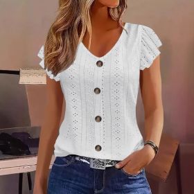 Solid Color Jacquard V-neck Buttons Long Sleeve T-shirt (Option: White-M)