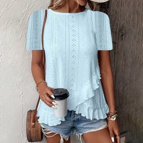 Women's Ruffle Hem Short Sleeve T-Shirt Casual Summer Crew Neck Blouses Top (Option: Sky blue-XXL)