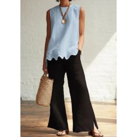 Linen-Style Round Neck Scallop Hem Sleeveless Top (Option: Blue-5XL)