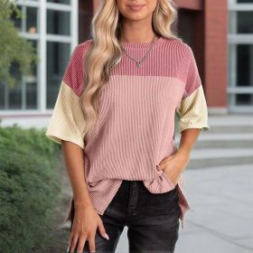 Women's Color Block Casual T-Shirt Short Sleeve Crew Neck Loose T-Shirt Top (Option: Pink-XL)