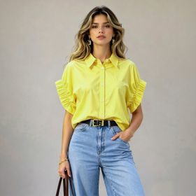 Loose-fitting Womens Blouse With A Turn-down Collar (Option: Yellow-S)