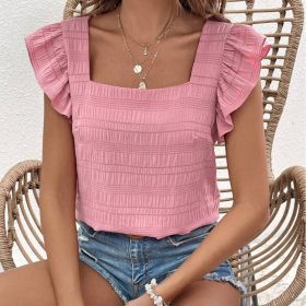 Women's Square Neck Ruffled Sleeve Short-Sleeve Blouse Vacation Casual Summer Top (Option: Pink-M)