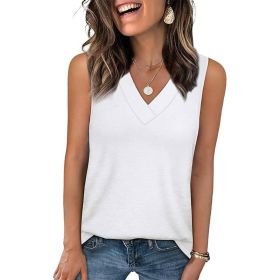 Women's Solid Color V-Neck Sleeveless Tank Tops Loose Fit Casual Tees Basic Tops (Option: White-M)