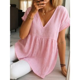 Women's Casual Loose-Fit Fashion Cotton-Linen Short-Sleeve Top (Option: Pink-S)
