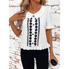 Women's Front-Button Petal-Sleeve Short-Sleeve Summer Fashion (Option: White With Printed Pattern-S)