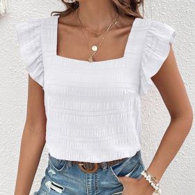 Women's Square Neck Ruffled Sleeve Short-Sleeve Blouse Vacation Casual Summer Top (Option: White-XL)