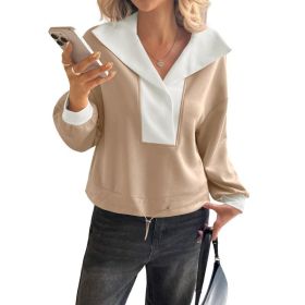 Fisoew Womens Cropped Oversized Sweatshirt Casual Lapel V Neck Long Sleeve Contrast Drawstring Loose Fit Fall Pullover Tops (Option: Khaki-XL)
