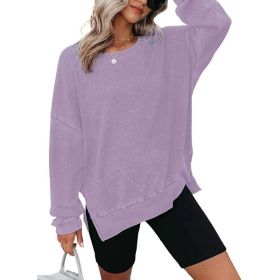 Womens Waffle Knit Crewneck Sweatshirts Long Sleeve Side Slits Casual Pullover Sweatshirt Tops (Option: Purple-L)