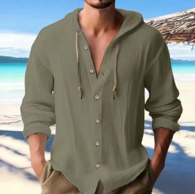 Cotton And Linen Shirt Hooded Sweater Button Long Sleeve (Option: Army Green-L)