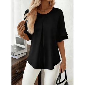 Loose-fit Ruffled Three-quarter-sleeve Blouse For Women (Option: Black-S)