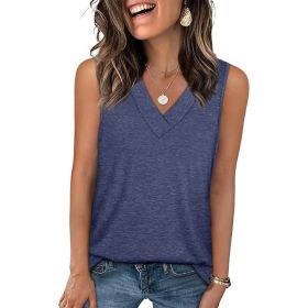 Women's Solid Color V-Neck Sleeveless Tank Tops Loose Fit Casual Tees Basic Tops (Option: Navy Blue-L)