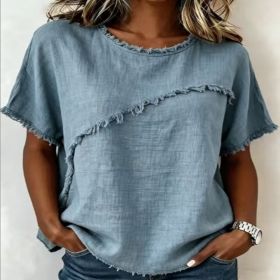 Women's Round-Neck Casual Loose Short-Sleeve Top (Option: Ocean Blue-2XL)