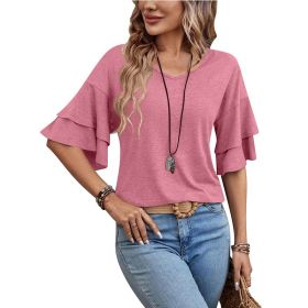 Loose V-neck Ruffle Sleeve T-shirt Fashion Solid Mid-sleeve Tops Women's Clothing (Option: Pink-S)