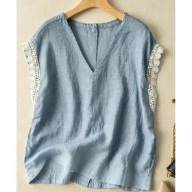 Cotton-Linen V-Neck Top With Lace Trim (Option: Light blue-2XL)