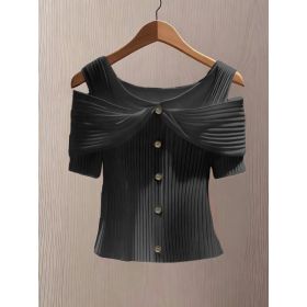 Womens Solid-color Off-shoulder Short-sleeve Top With Button Detailing (Option: Black-S)