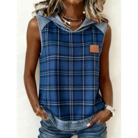 Casual Hooded Sleeveless Patchwork Denim-trimmed Loose-fitting Vest Sweatshirt For Women (Option: Dark blue-M)