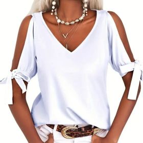 Womens Summer Cold Shoulder Tops Short Sleeve Tie Knot V Neck T Shirts Blouses (Option: White-2XL)