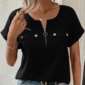 Women's V-Neck Zipper Top Solid Color Short Sleeve Blouse (Option: Black-XXL)