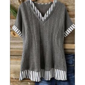 Charcoal Gray Cable Knit Striped V-Neck T-Shir (Option: Charcoal Gray-2XL)