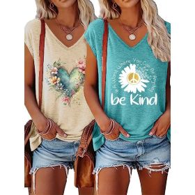 2-Pack Women's Floral T-Shirts Be Kind Wildflowers Graphic Print Casual V-Neck Tee Tops (Option: Kahki Blue-XL)