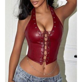 Women's Punk PU Halter Top Grommet Eyelet Tie Front Corset Crop Top (Option: S)