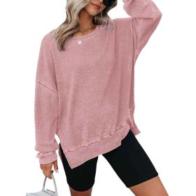 Womens Waffle Knit Crewneck Sweatshirts Long Sleeve Side Slits Casual Pullover Sweatshirt Tops (Option: Pink-XL)