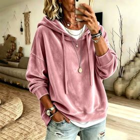 Womens Casual Solid-Color Hooded Long-Sleeve Top With Drawstring (Option: Pink-S)